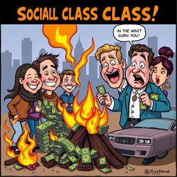 A simple cartoon depicting the concept of social class disparity, featuring exaggerated caricatures of a group of poor people and a group of rich people