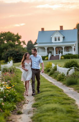 A romantic scene featuring two lovers walking hand in hand on a picturesque country lane, surrounded by lush greenery and wildflowers