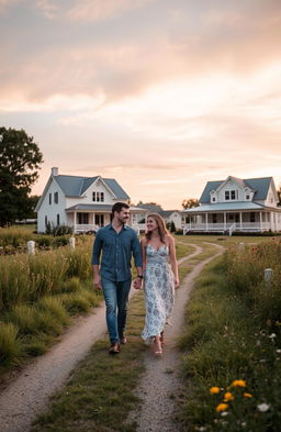 A romantic scene featuring two lovers walking hand in hand on a picturesque country lane, surrounded by lush greenery and wildflowers