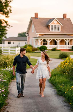 A romantic scene featuring two lovers walking hand in hand on a picturesque country lane, surrounded by lush greenery and wildflowers