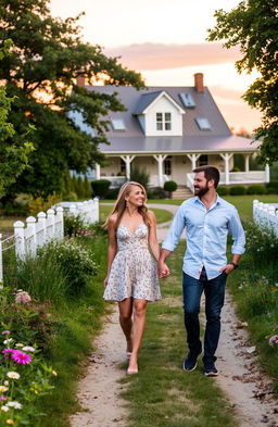 A romantic scene featuring two lovers walking hand in hand on a picturesque country lane, surrounded by lush greenery and wildflowers