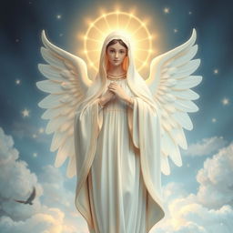 A beautiful representation of Our Lady of Fatima, ethereal and serene, with a glowing halo around her head and majestic angelic wings