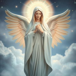 A beautiful representation of Our Lady of Fatima, ethereal and serene, with a glowing halo around her head and majestic angelic wings