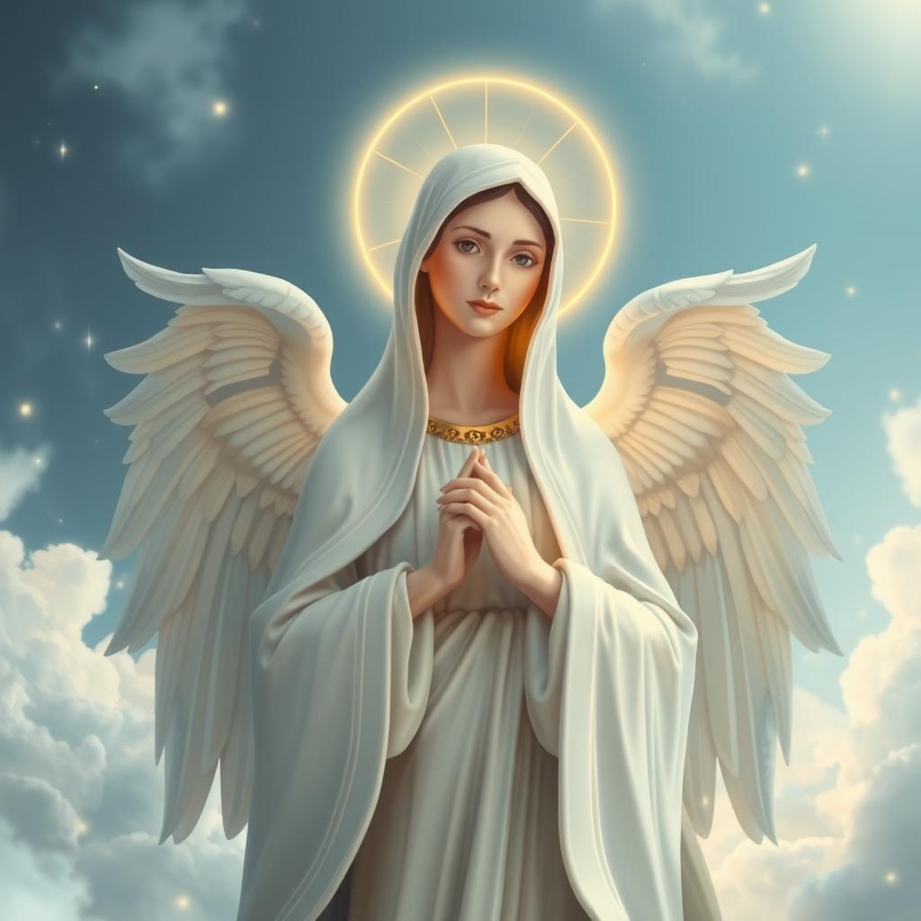 A beautiful representation of Our Lady of Fatima, ethereal and serene, with a glowing halo around her head and majestic angelic wings