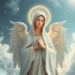 A beautiful representation of Our Lady of Fatima, ethereal and serene, with a glowing halo around her head and majestic angelic wings