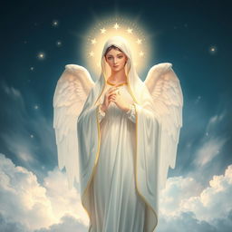A beautiful representation of Our Lady of Fatima, ethereal and serene, with a glowing halo around her head and majestic angelic wings