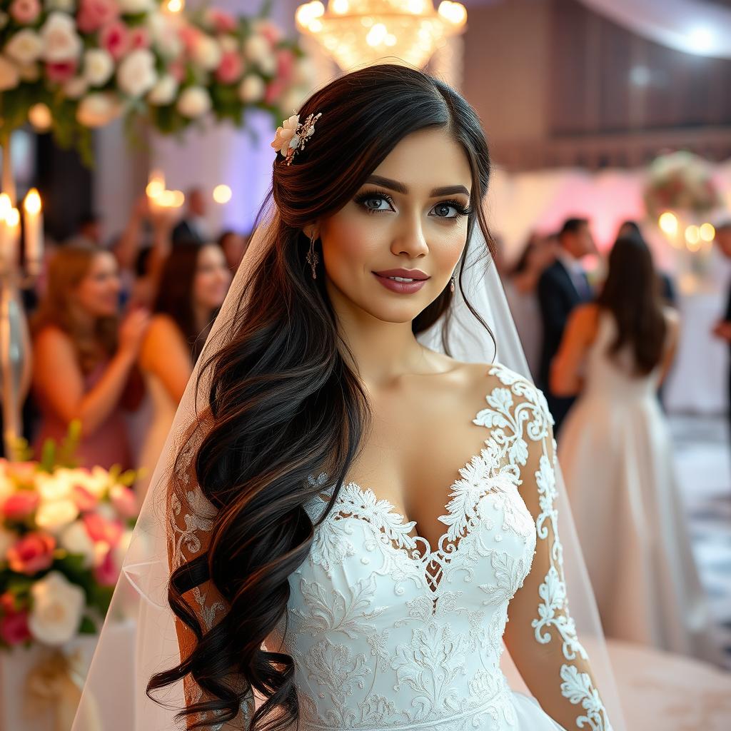 A beautiful Russian bride in a stunning white wedding gown, adorned with intricate lace and embroidery