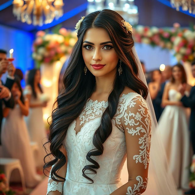 A beautiful Russian bride in a stunning white wedding gown, adorned with intricate lace and embroidery