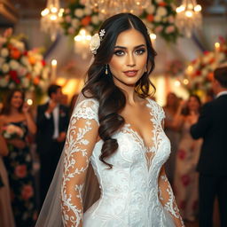 A beautiful Russian bride in a stunning white wedding gown, adorned with intricate lace and embroidery