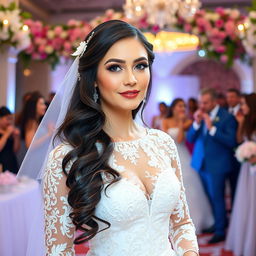 A beautiful Russian bride in a stunning white wedding gown, adorned with intricate lace and embroidery