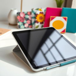 A close-up view of a tablet showcasing its screen, displaying vibrant and colorful tablet cases arranged artistically around it
