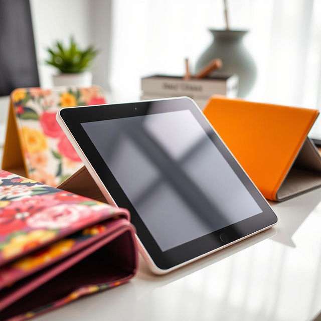 A close-up view of a tablet showcasing its screen, displaying vibrant and colorful tablet cases arranged artistically around it