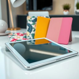 A close-up view of a tablet showcasing its screen, displaying vibrant and colorful tablet cases arranged artistically around it
