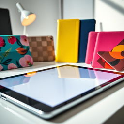 A close-up view of a tablet showcasing its screen, displaying vibrant and colorful tablet cases arranged artistically around it