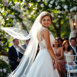 A beautiful bride standing gracefully at her wedding ceremony, wearing a stunning white wedding gown adorned with intricate lace details and a flowing veil that captures a gentle breeze