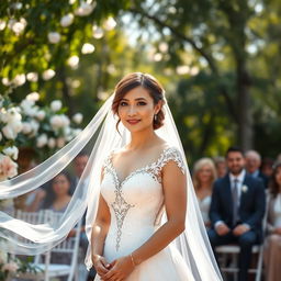 A beautiful bride standing gracefully at her wedding ceremony, wearing a stunning white wedding gown adorned with intricate lace details and a flowing veil that captures a gentle breeze