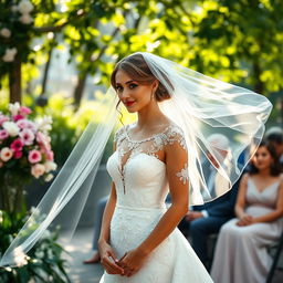 A beautiful bride standing gracefully at her wedding ceremony, wearing a stunning white wedding gown adorned with intricate lace details and a flowing veil that captures a gentle breeze