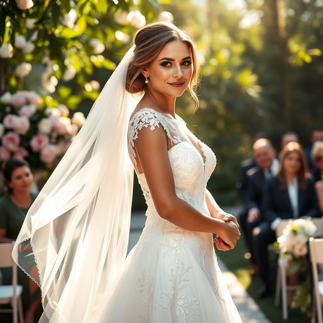 A beautiful bride standing gracefully at her wedding ceremony, wearing a stunning white wedding gown adorned with intricate lace details and a flowing veil that captures a gentle breeze