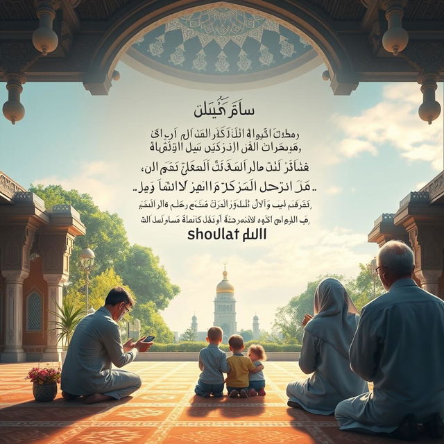 A serene and spiritual wallpaper depicting a tranquil scene of prayer (sholat) in a beautifully decorated mosque with intricate architecture and soft, warm lighting