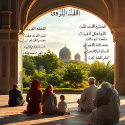 A serene and spiritual wallpaper depicting a tranquil scene of prayer (sholat) in a beautifully decorated mosque with intricate architecture and soft, warm lighting
