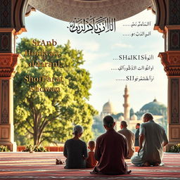 A serene and spiritual wallpaper depicting a tranquil scene of prayer (sholat) in a beautifully decorated mosque with intricate architecture and soft, warm lighting