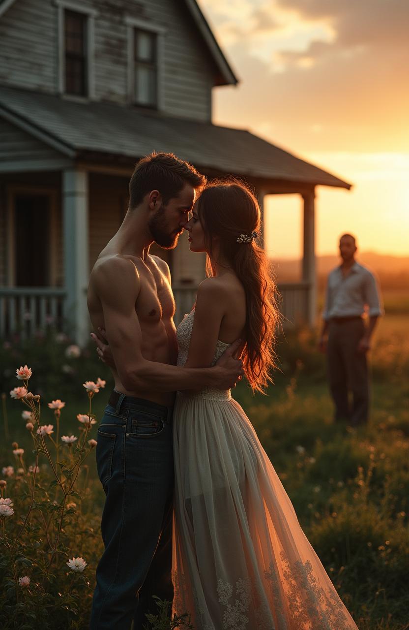 A dramatic scene depicting a love triangle set against a nostalgic farmhouse backdrop