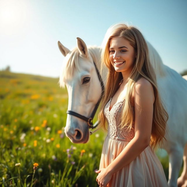 A young woman with long flowing hair in a beautiful dress, standing gracefully next to a majestic white horse in a lush green meadow