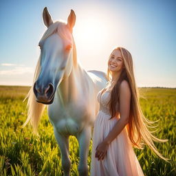 A young woman with long flowing hair in a beautiful dress, standing gracefully next to a majestic white horse in a lush green meadow