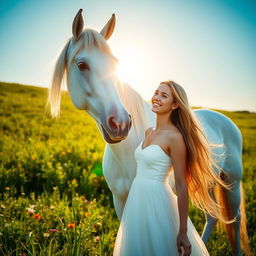 A young woman with long flowing hair in a beautiful dress, standing gracefully next to a majestic white horse in a lush green meadow