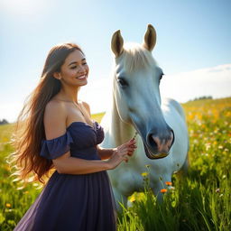 A young woman with long flowing hair in a beautiful dress, standing gracefully next to a majestic white horse in a lush green meadow