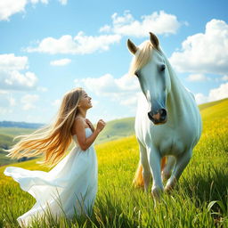 A beautiful girl in a flowing white dress gently smiling at a majestic white horse