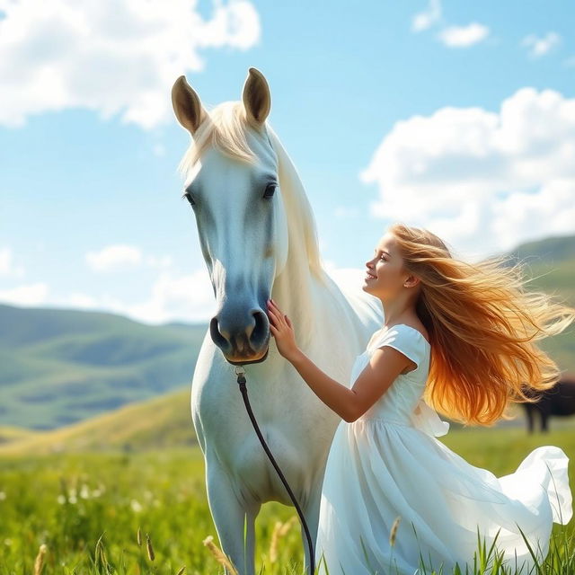 A beautiful girl in a flowing white dress gently smiling at a majestic white horse