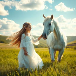 A beautiful girl in a flowing white dress gently smiling at a majestic white horse