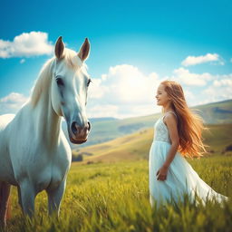 A beautiful girl in a flowing white dress gently smiling at a majestic white horse