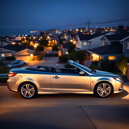 A sleek 2011 Saab 9-3 EV convertible parked elegantly in a modern driveway, showcasing its metallic silver body shimmering under the soft, warm glow of contemporary houselights