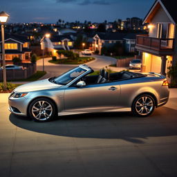 A sleek 2011 Saab 9-3 EV convertible parked elegantly in a modern driveway, showcasing its metallic silver body shimmering under the soft, warm glow of contemporary houselights