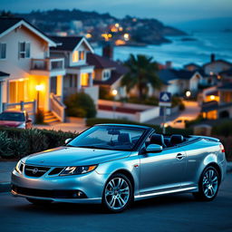 A sleek 2011 Saab 9-3 EV convertible parked elegantly in a modern driveway, showcasing its metallic silver body shimmering under the soft, warm glow of contemporary houselights