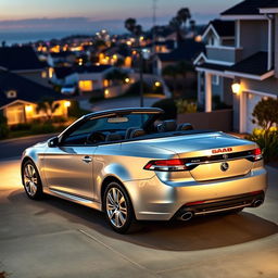 A sleek 2011 Saab 9-3 EV convertible parked elegantly in a modern driveway, showcasing its metallic silver body shimmering under the soft, warm glow of contemporary houselights
