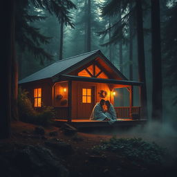 A cozy cottage nestled in a dense, dark forest, surrounded by towering trees and thick foliage