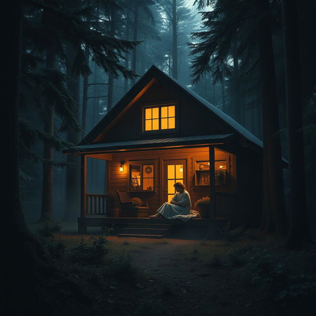 A cozy cottage nestled in a dense, dark forest, surrounded by towering trees and thick foliage