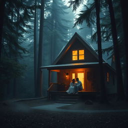 A cozy cottage nestled in a dense, dark forest, surrounded by towering trees and thick foliage