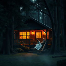 A cozy cottage nestled in a dense, dark forest, surrounded by towering trees and thick foliage