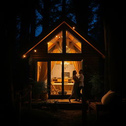 A cozy house nestled in a dark forest, illuminated softly by the glow of warm lights