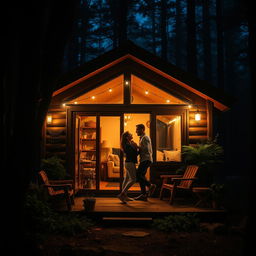 A cozy house nestled in a dark forest, illuminated softly by the glow of warm lights