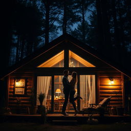A cozy house nestled in a dark forest, illuminated softly by the glow of warm lights