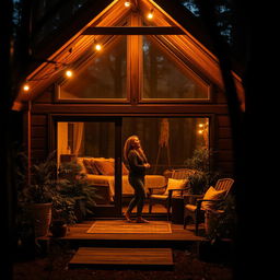 A cozy house nestled in a dark forest, illuminated softly by the glow of warm lights