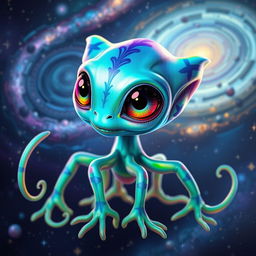 A vibrant and fantastical alien creature, with bright, iridescent skin that shimmers in shades of blue and green