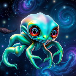 A vibrant and fantastical alien creature, with bright, iridescent skin that shimmers in shades of blue and green