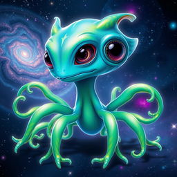 A vibrant and fantastical alien creature, with bright, iridescent skin that shimmers in shades of blue and green