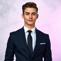 A 21-year-old handsome man in a well-fitted suit, exuding confidence and charm